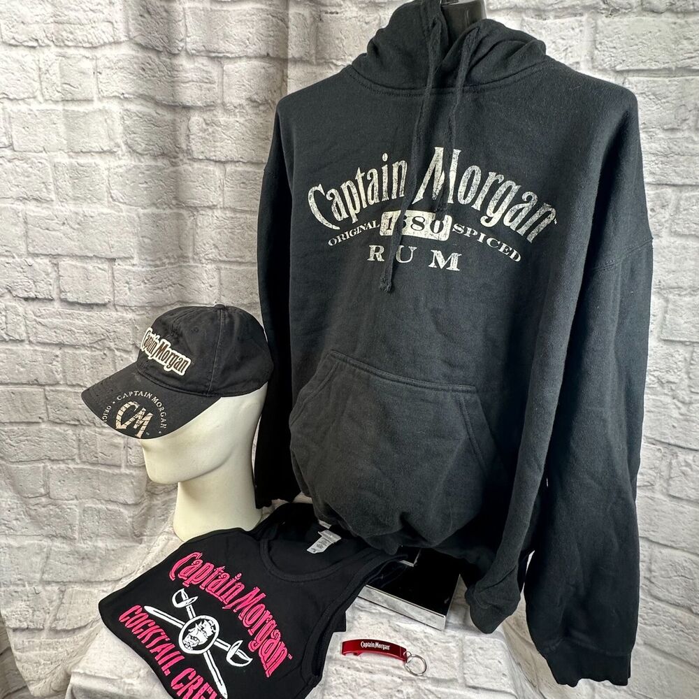 Lot Of 4 Captain Morgan Rum Merch Keychain Hat Women's XL Hoodie Large Tank Top